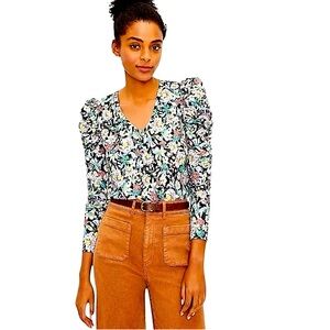 Loft Floral Shirred Puff Sleeve Top Size M